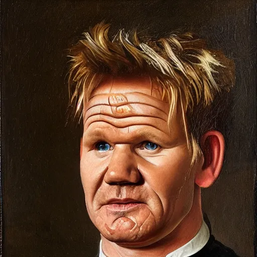 Prompt: portrait of gordon ramsay, oil painting by jan van eyck, northern renaissance art, oil on canvas, wet - on - wet technique, realistic, expressive emotions, intricate textures, illusionistic detail