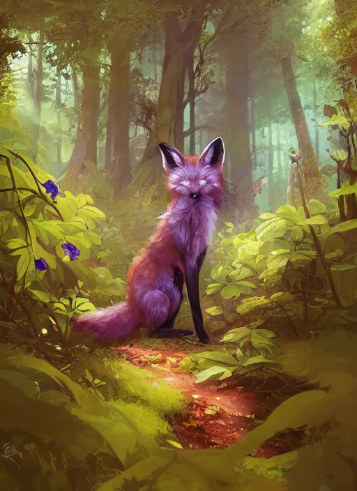 Prompt: Magical fox, sneaking in a forest, fantasy, painting, violet flowers, atmospheric, illustration, low angle, high quality, highly detailed, Marc Simonetti, Andreeva Katerina