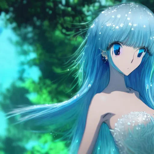 Image similar to a very beautiful anime girl wearing a dress made of water standing in a crystal lake in a futuristic emerald city, full body, long white hair with azure blue highlights blending into the dress , azure blue watery eyes, full round face, seductive over the shoulder glances , lens flare, cinematic lighting, medium shot, mid-shot, reflective surfaces, water droplets, caustic lighting , highly realistically detailed, trending on artstation, Unreal Engine 4k, Stanley Artgerm Lau, WLOP, Rossdraws, James Jean, Andrei Riabovitchev, Marc Simonetti, and Sakimichan
