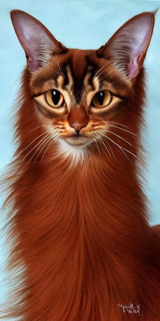 Image similar to long haired abyssinian cat, chocolate brown, hyper realistic portrait, cute