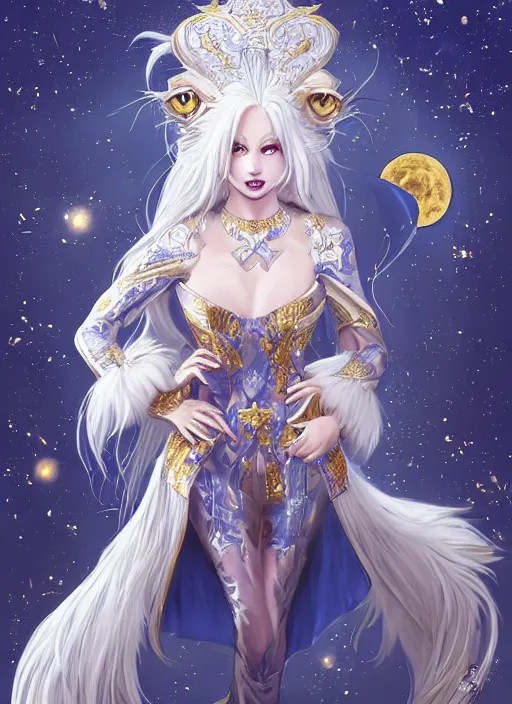 Image similar to commissioned full body portrait of a female anthro werewolf princess fursona with white hair wearing a white and gold Chinese armored dress in a white and gold palace on a starry night with a large crescent moon, by a professional manga illustrator, Stanley Artgerm Lau, WLOP, Rossdraws, James Jean, Andrei Riabovitchev, Marc Simonetti, and Sakimichan, trending on artstation