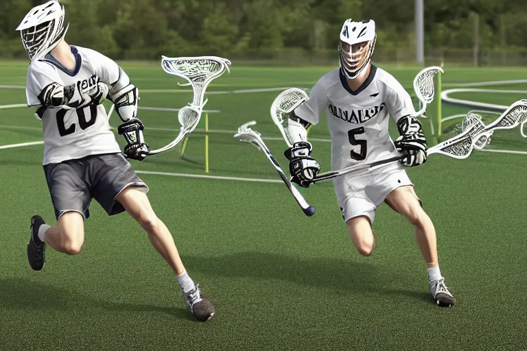 Image similar to lacrosse player, soccer field, cascade helmet, realistic, running, very detailed, 8k, high resolution, ultra realistic, no grain, symmetry, normal proportions, sports illustrated style, Cascade XRS Custom Lacrosse Helmet, brine lacrosse stick, Brine Lacrosse King V Gloves, normal feet, Nike Alpha Huarache 7 Elite, STX Surgeon 700 Lacrosse Arm Guards