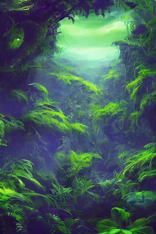 Image similar to beautiful lush green plants flowers exotic alien planet, digital painting, matte painting, small details