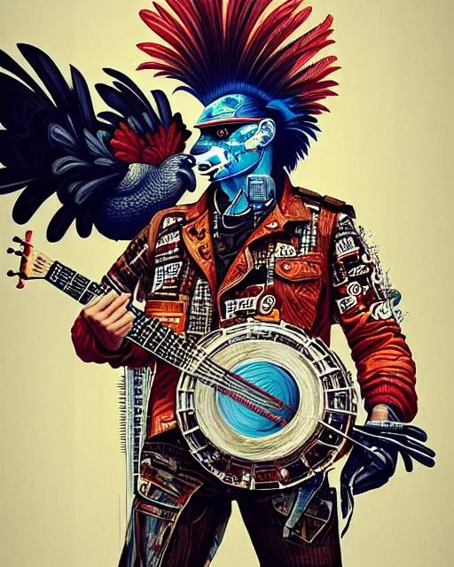 Image similar to a portrait of an anthropomorphic cyberpunk rooster shredding a banjo by sandra chevrier, by jon foster, detailed render, tape deck, epic composition, cybernetics, 4 k realistic, cryengine, realistic shaded lighting, sharp focus, masterpiece, by enki bilal