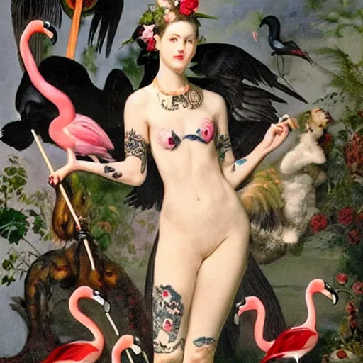 Prompt: tattoo of madame x holding a flamingo croquet stick with an ornate victorian frame comprised of radishes, cats, and flamingoes, by john singer sargent,