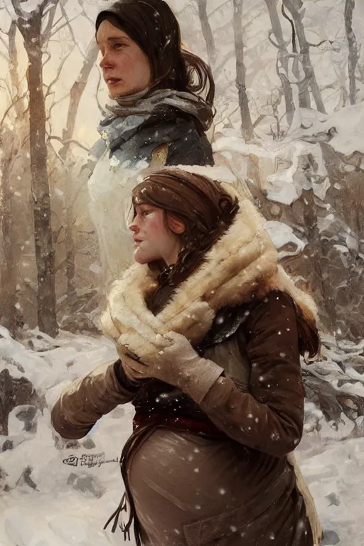 Image similar to portrait of a hungry and unhappy pregnant woman in the besieged Leningrad in winter, digital painting, artstation, concept art, smooth, sharp focus, illustration, art by artgerm and greg rutkowski and alphonse mucha