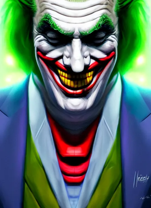 Image similar to portrait of donald trump as the joker, green hair, intricate, elegant, glowing lights, highly detailed, digital painting, artstation, concept art, sharp focus, illustration, art by wlop, mars ravelo and greg rutkowski