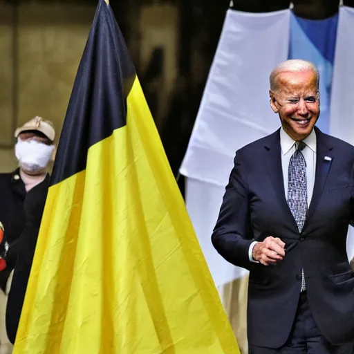 Prompt: Joe Biden is with the azov battalion in Ukraine War holding a ukrainian flag