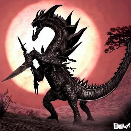 Prompt: dovahkiin stabs alduin the dragon with his ebony sword, slaying the beast. cartoon style.