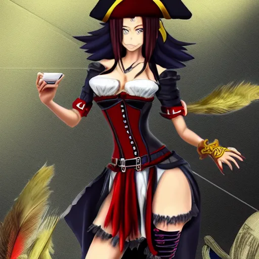 Image similar to advanced digital anime character art, female pirate captain with a yellow and a red eye , res brown hair wearing a corset and large pirate hat with feathers. —H 768