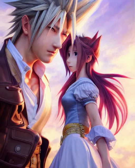 Image similar to character concept art of aerith gainsborough together with cloud strife at gold saucer, istinct - fine, key visual, realistic shaded perfect face, fine details by stanley artgerm lau, wlop, rossdraws, james jean, andrei riabovitchev, marc simonetti, sakimichan, and jakub rebelka, trending on artstation