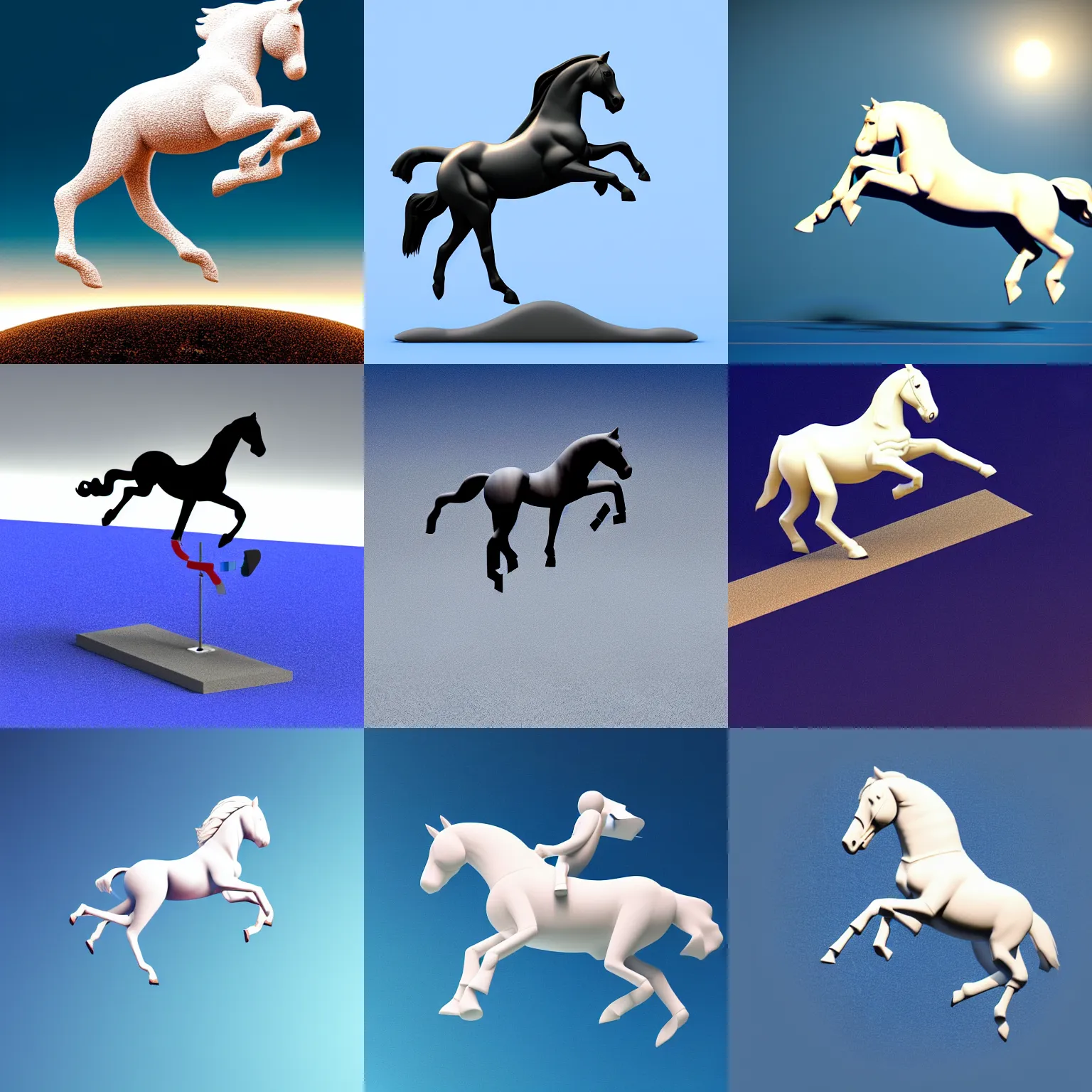 Prompt: an isometry view of a minimalistic horse jumping on top of an astronaut, minimalist style, 3 d render, the horse above, the astronaut below, on the ground