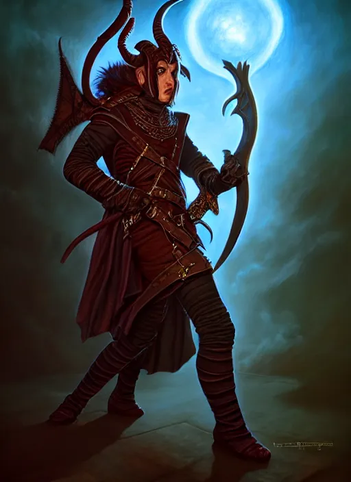 Prompt: tiefling bard, full body, hyper realistic, extremely detailed, dnd character art portrait, dark fantasy art, intricate fantasy painting, dramatic lighting, vivid colors, deviantart, artstation, by larry elmore.