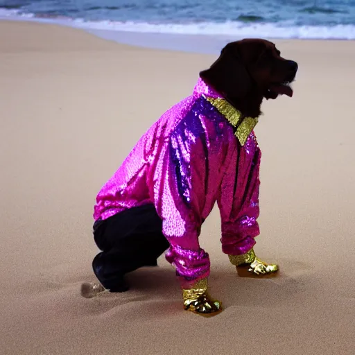 Image similar to Snoop Dogg any sparkly pink sequin jacket petting a golden retriever on a beach at night