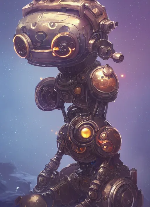 Image similar to a highly detailed illustration of gentle cute giant steampunk robot, cute glowing eyes and smile, adorably sitting gentle pose, intricate, elegant, highly detailed, centered, digital painting, artstation, concept art, smooth, sharp focus, league of legends concept art, WLOP