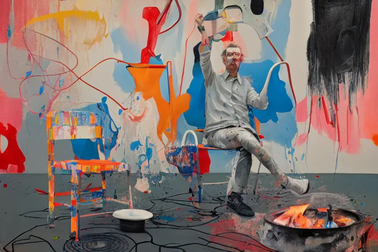 Prompt: portrait of a morphed painter sitting in a chair next to a bbq, art by james jean and luc tuymans and vincent lefevre and hernan bas and pat steir and hilma af klint, psychological, dripping paint, high quality render, cg society contest winner, retrofuturism, masterpiece