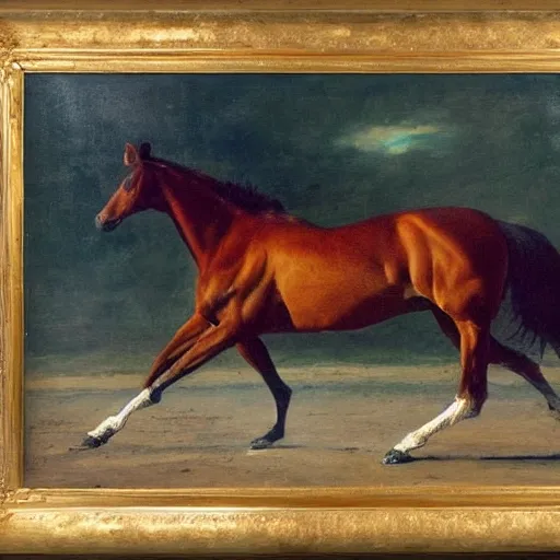 Prompt: a wide angle shot of a horse walking slowly. the scene is detailed and beautiful. the masterpiece painting uses a limited palette of colors, which are applied in a direct and expressive manner. the appearance is flat, with a two - dimensional quality. the composition is rhythmic.
