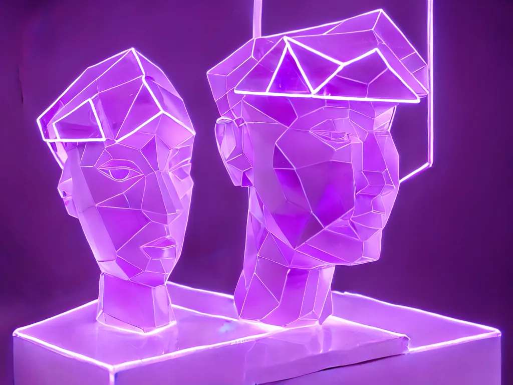 Image similar to beautiful mannequin sculpted out of amethyst by billelis + lit with purple 3 d geometric neon + chrome geometric cubed bonsai plants!!!!, doorway opening with neon pink geometric light, clean linework, dramatic, finely detailed, rule of thirds, moody, confident, award winning, 4 k, trending on artstation, photorealistic, volumetric lighting, octane render