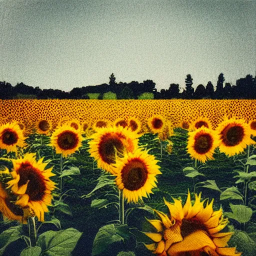 Prompt: glitched polaroid of a field of sunflowers
