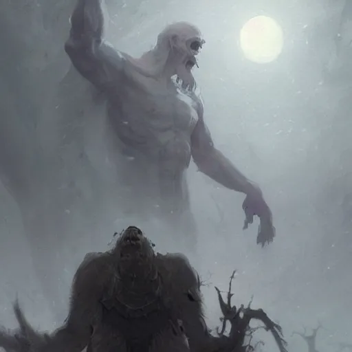 Image similar to a beautiful terrifying immense pale humanoid giant looms over a tiny human. ethereal horror fantasy art by greg rutkowski