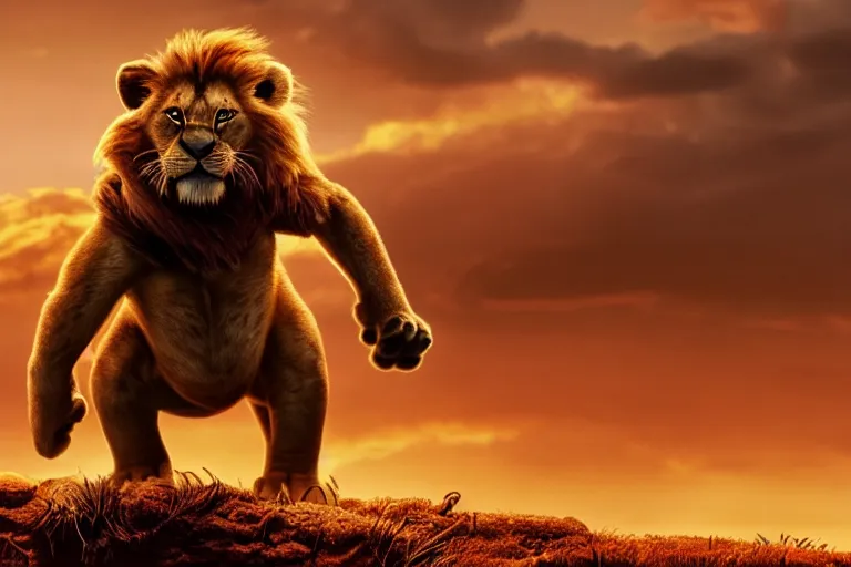 Image similar to simba ( from the lion king ), heavily armed and armored facing down armageddon in a dark and gritty version from the makers of mad max : fury road : witness me