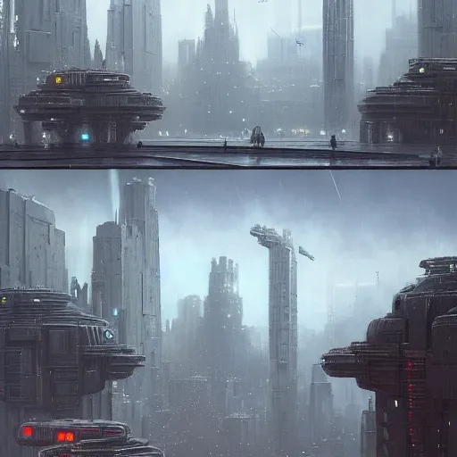 Image similar to highly detailed brutalist architecture city, star wars imperial style, while it's raining, stephen bliss, unreal engine, fantasy art by greg rutkowski, loish, rhads, ferdinand knab, makoto shinkai, ilya kuvshinov, rossdraws, global illumination, radiant light, detailed and intricate environment