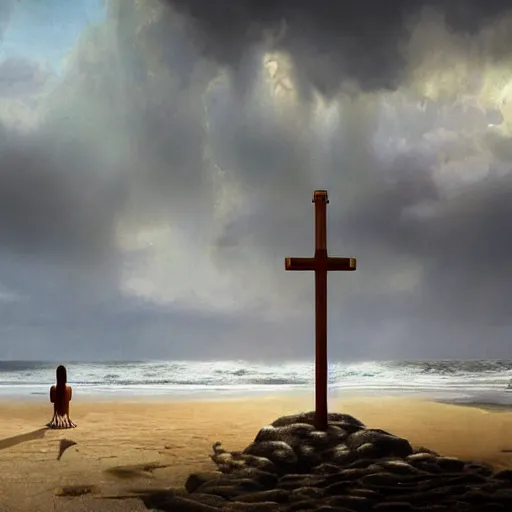 Image similar to a highly detailed tarot card of a large cross standing on the beach as a storm comes in with the tide, woman sitting in the sand watching the ocean, epic fantasy, god rays, rocky beach, ultrawide lense, aerial photography, unreal engine, exquisite detail, 8 k, art by albert bierstadt and greg rutkowski and jeong seon