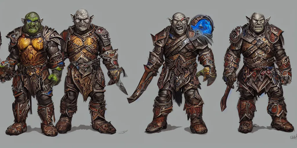 Prompt: different views of orcs in armour, colourful intricate!! concept art by senior character artist, trending on artstation, full body character design