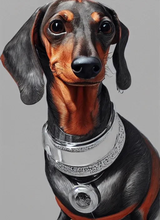 Image similar to dachshund with a monocle and a raised highbrow | sophisticated clothing | highly detailed | very intricate | elaborate outfit | symmetrical | cinematic lighting | award - winning | closeup portrait | painted by donato giancola and mandy jurgens and charlie bowater | featured on artstation