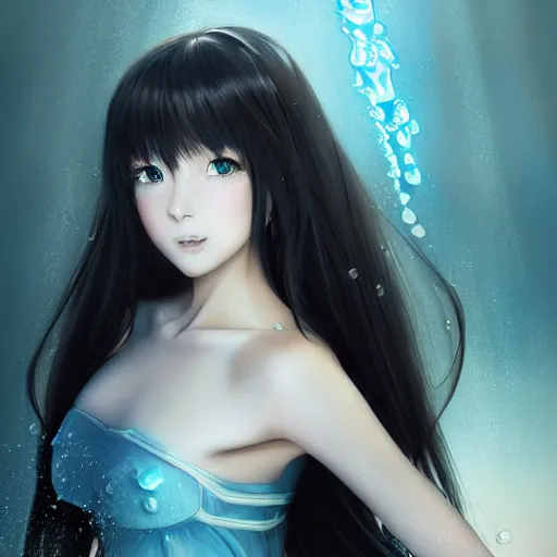 Prompt: advanced digital portrait painting photograph, a very beautiful anime girl wearing a dress made of water standing in a crystal lake , full body, very long black hair, azure blue watery eyes, full round face, seductive stare, cinematic lighting, medium shot, mid-shot, highly detailed, trending on artstation, Unreal Engine 4k, Stanley Artgerm Lau, WLOP, Rossdraws, James Jean, Andrei Riabovitchev, Marc Simonetti, and Sakimichan