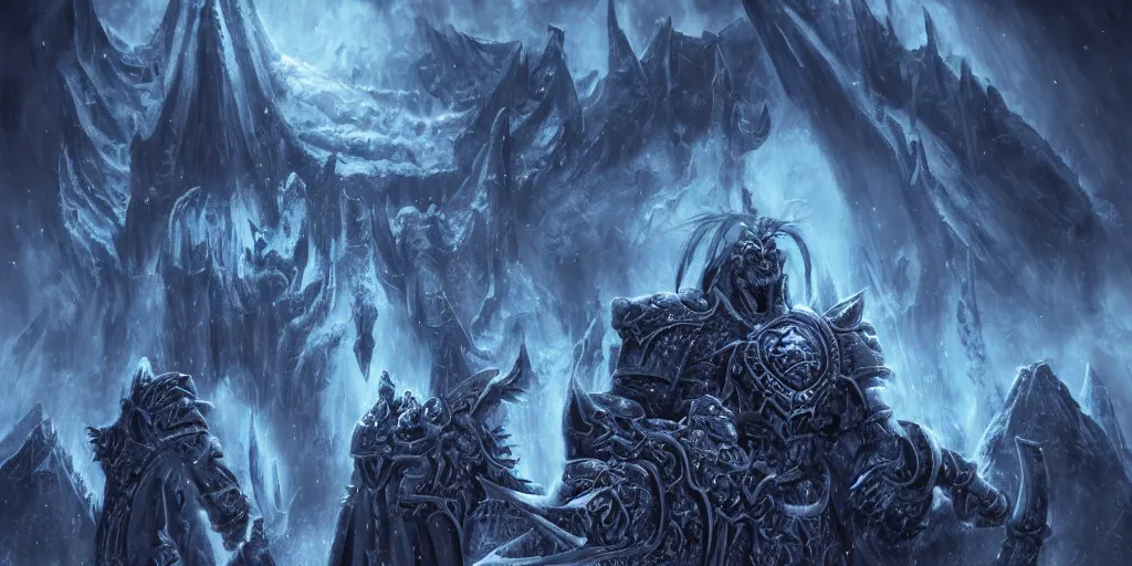 Image similar to vast ice dungeon, arthas the lich king, undead army, warcraft, warcraft artwork, mixed art, cinematic light, majestic, hyperrealistic, hyper detailed, dark fantasy, gritty