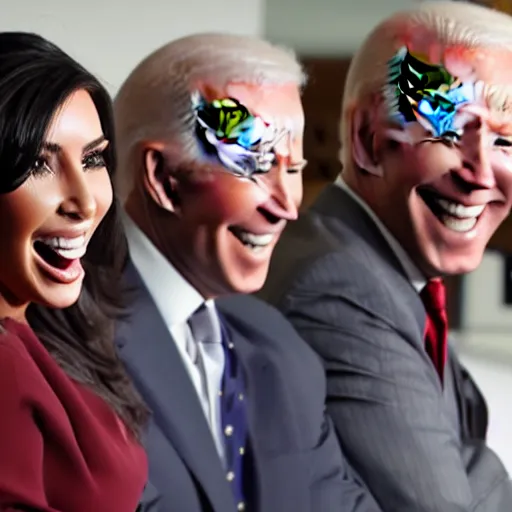 Image similar to stock photo of kim kardashian, and joe biden wearing suits and ties laughing in an office building, 8k resolution, full HD, cinematic lighting, award winning, anatomically correct