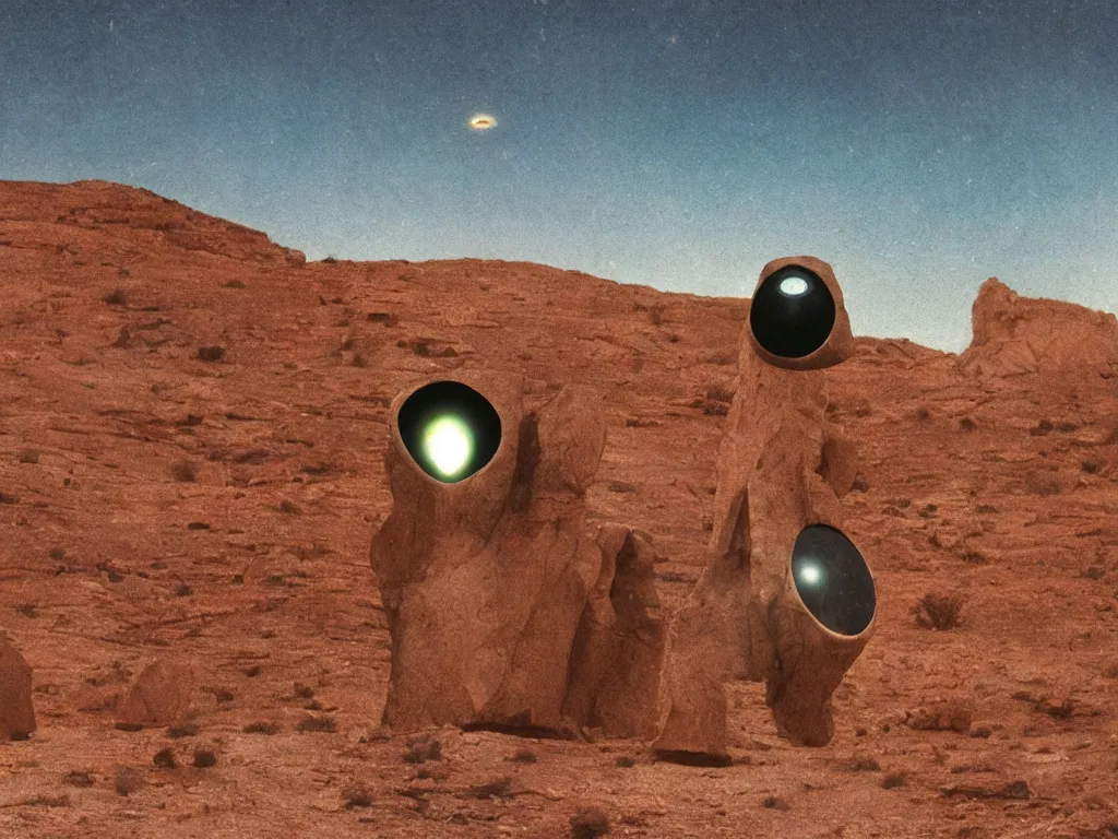 Image similar to levitating bene gesserit with full - face golden mask and glowing eyes in a dry rocky desert landscape, visible sky and sunny atmosphere, fata morgana giant mirrors, spaceship in the sky by alejandro jodorowsky, anamorphic lens, kodakchrome, cinematic composition, practical effects, 8 k,