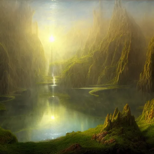 Prompt: a beautiful and highly detailed matte painting of the lost land by a beautiful lake, thick mist, sunlight, celtic, psychedelic, epic scale, insanely complex, hyperdetailed, sharp focus, hyperrealism, artstation, cgsociety, 8 k, bright colors, by caspar friedrich, albert bierstadt, james gurney, brian froud,