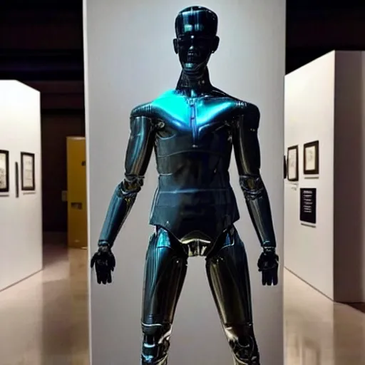 Image similar to “a realistic detailed photo of a guy who is an attractive humanoid who is half robot and half humanoid, who is a male android, actor Grant Gustin, shiny skin, posing like a statue, blank stare, at the museum, on display”