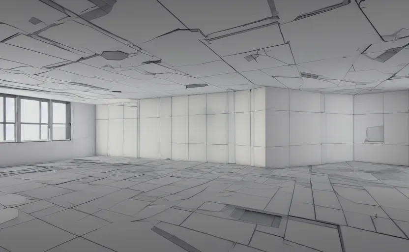 Image similar to empty room, open floor, large random with colourful 3 d objects, unreal engine and v - ray render.