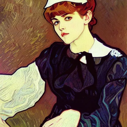 Image similar to painting of grumpy taehyung in a maid outfit, elegant, clear, painting, stylized, art, art by alphonse mucha, vincent van gogh, egon schiele,