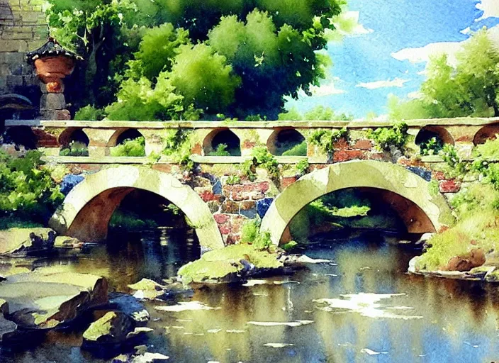 Image similar to watercolor of rustic stone bridge with mural, ivy, summer daylight, bright clear day, clouds, high detailed art by dennis miller bunker, work by anders zorn, wonderful masterpiece by greg rutkowski, beautiful cinematic light, american romanticism by greg manchess, creation by tyler edlin