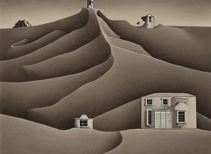 Image similar to a house in a desert landscape, painting by mc escher, very detailed, illusion, surreal!!!, trending on artstation, beautiful art