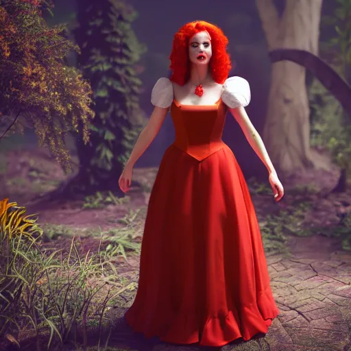 Image similar to red head queen gown, full body, alice in wonderland theme, disney photo realistic, octane render, 8 k, unreal engine, hd, cinematic lighting