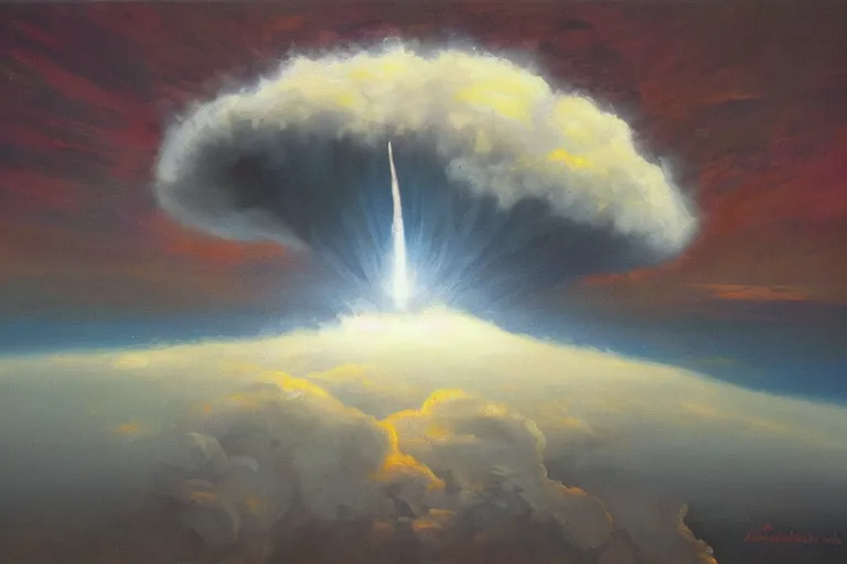 Prompt: masterpiece painting of a nuclear bomb, dramatic lighting, by marc davis