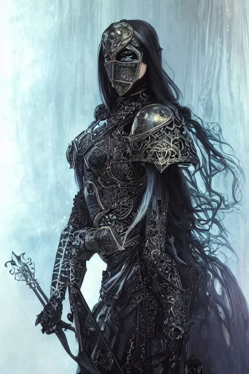 Image similar to beautiful luxury and gothic and victorian and evil young female medieval black armor knight portrait+smoky eyes+front face with light flowing hair, ultradetail face, art and illustration by tian zi and craig mullins and WLOP and alphonse mucha, ssci-fi, fantasy, intricate complexity, human structure, hypermaximalist, fantasy character concept, dynamic lighting, neon light, watermark, blurry, hyperrealism 8k