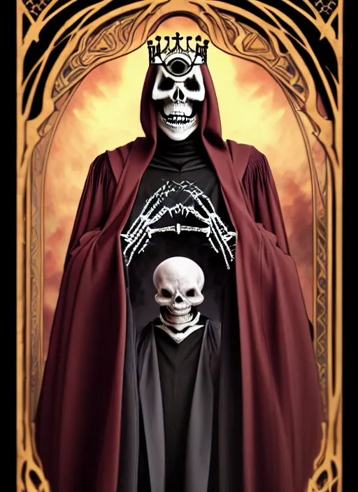 Image similar to overlord, undead skeleton king, wearing an academic gown, tarot card, highly detailed, deep focus, elegant, digital painting, smooth, sharp focus, illustration, ultra realistic, 8 k, art by artgerm and alphonse mucha