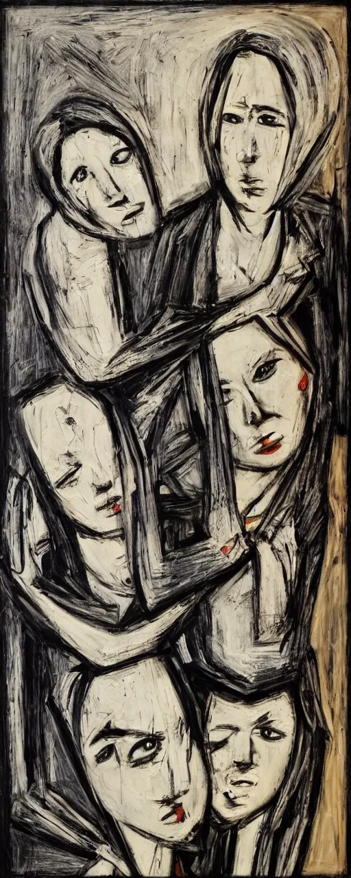 Image similar to friendship, by bernard buffet, 8 k, trending on artstation