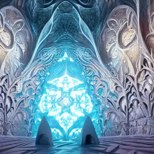 Image similar to a beautiful 3 d painting of a huge sprawling fractal cathedral interior populated by mandelbrot fractals by android jones, unreal engine, carved stone, carved soap, white color scheme, volumetric lighting, octane render, dramatic lighting, glowing, carved marble, opalescent, sacred geometry, religious, angelic, catholicpunk, stark, 8 k, ultra detailed