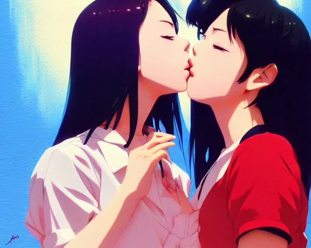 Image similar to two girls kissing | very very anime!!!, fine - face, audrey plaza, realistic shaded perfect face, fine details. anime. realistic shaded lighting poster by ilya kuvshinov katsuhiro otomo ghost - in - the - shell, magali villeneuve, artgerm, jeremy lipkin and michael garmash and rob rey