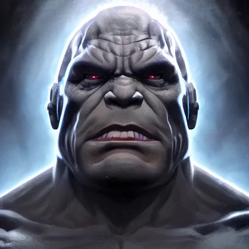 Image similar to characters portrait of Darkseid mixed with Hulk by ArtGerm and Tom Bagshaw, merged character, Full body shot, cinematic opening shot, 4k, highly detailed, cinematic lighting