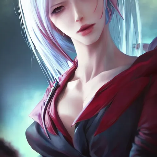 Image similar to beautiful anime art of Lady from devil may cry by WLOP, rossdraws, Logan Cure, Mingchen Shen, BangkuART, sakimichan, yan gisuka, JeonSeok Lee, zeronis, Chengwei Pan on artstation