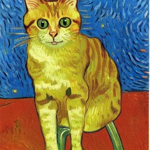 Image similar to cat sitting in a chair. oil painting by vincent van gogh.