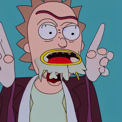 Prompt: a rick from rick and morty with big open mouth glasses virgin has big belly high detailed realistic crying 4 k balding